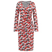  Christmas Printed Dress,V-neck Dresses, Long Sleeves Dress,Red Christmas Hats - Thumbnail 3