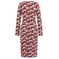  Christmas Printed Dress,V-neck Dresses, Long Sleeves Dress,Red Christmas Hats - Thumbnail 5