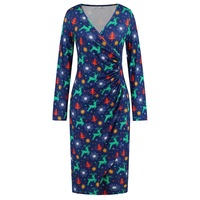 Christmas Printed Dress,V-neck Dresses, Long Sleeves Dress,Royal Blue - Thumbnail 4