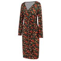 Christmas Printed Dress,V-neck Dresses, Long Sleeves Dress,Red Flower - Thumbnail 3