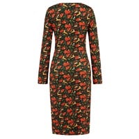Christmas Printed Dress,V-neck Dresses, Long Sleeves Dress,Red Flower - Thumbnail 5