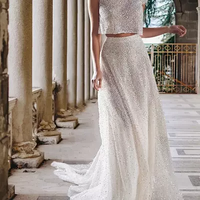 Two piece shine wedding dress 2023 a-line cap sleeve jewel backless sequined bridal gowns women summer vestidos de noiva robe de mariage