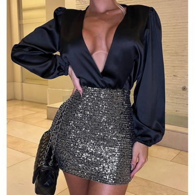 Temperament V-Neck Spliced Beaded Dress