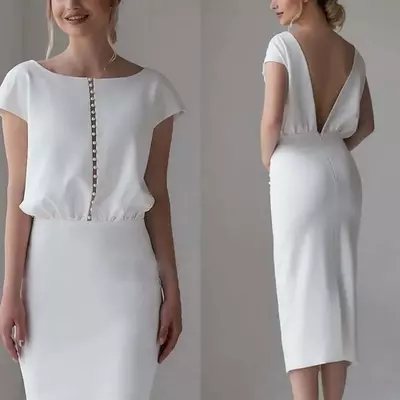 Simple wedding dress  tea length short sleeve satin jewel neck bride party gowns bridal shower robe de mariage boho