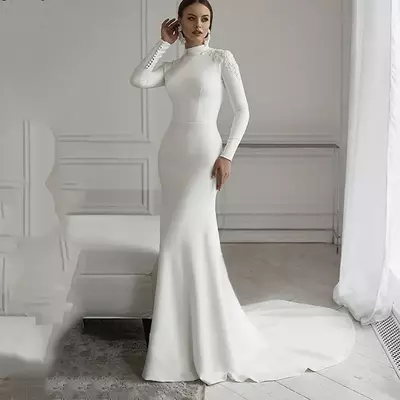 Lace mermaid wedding dresses long sleeve high neck muslim bride dress satin wedding gown
