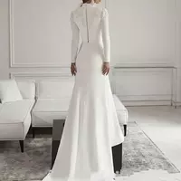 Lace Mermaid Wedding Dresses Long Sleeve High Neck Muslim Bride Dress Satin Wedding Gown - Thumbnail 1