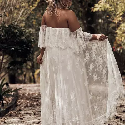 Fashion bohemian plus size lace wedding dresses off the shoulder short sleeves beach bridal gowns a line floor length boho vestido de novia