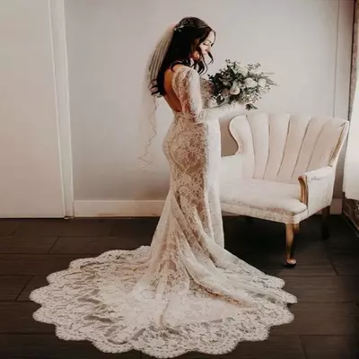 Elegant mermaid full lace wedding dress boho long sleeve backless summer beach wedding dresses bohemian bridal gowns