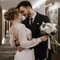 Chic Boho Chiffon Wedding Dress With Pearls Puff Sleeve Sexy Backless Beach Wedding Dresses O Neck Long Satin Civil Bride - Thumbnail 1