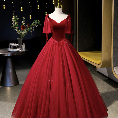 Burgundy velvet tulle long prom dress