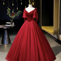 Burgundy Velvet Tulle Long Prom Dress - Thumbnail 1