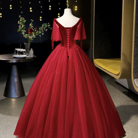 Burgundy Velvet Tulle Long Prom Dress - Thumbnail 2