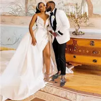 Plus Size Arabic Aso Ebi Crystals Wedding Dress High Split Pleat Mermaid Bridal Gown Sweetheart Satin Bride Dress with Detachable Train - Thumbnail 1