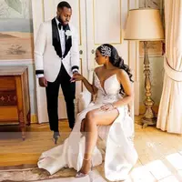 Plus Size Arabic Aso Ebi Crystals Wedding Dress High Split Pleat Mermaid Bridal Gown Sweetheart Satin Bride Dress with Detachable Train - Thumbnail 3