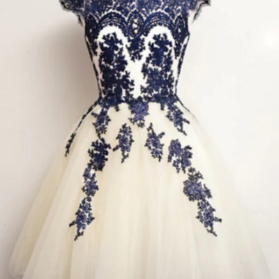 Round neck short white and blue lace prom dresses, short lace homecoming graduation dress kpp1596 - Thumbnail 2