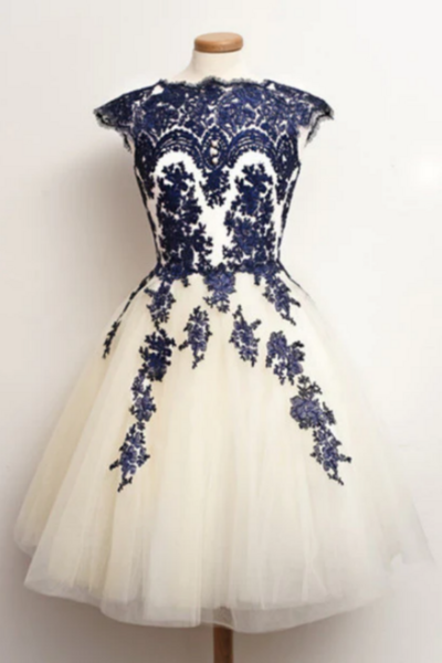 Round Neck Short White And Blue Lace Prom Dresses, Short Lace Homecoming Graduation Dress KPP1596