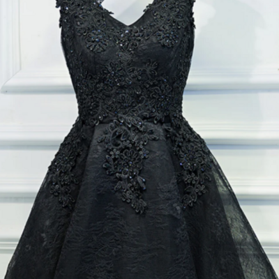 A line v neck short black lace prom dresses, black short formal dresses kpp1597