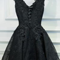 A Line V Neck Short Black Lace Prom Dresses, Black Short Formal Dresses KPP1597 - Thumbnail 1