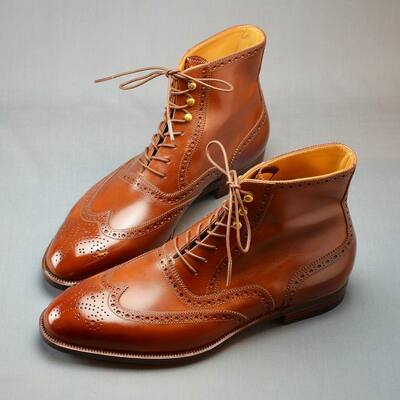Mens Brown Leather Ankle High Wingtip Lace up Boot