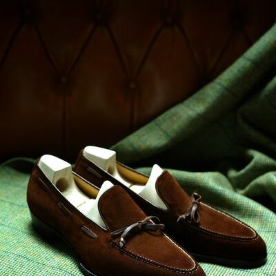 Brown suede moccasin loafers shoes, handmade mens formal dress shoes - Thumbnail 3