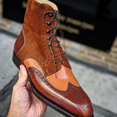 Handmade mens brown tan suede ankle high dress boot - Thumbnail 3