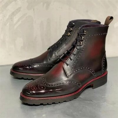 Red & Black Ankle High Lace up Vintage Leather Men Dress Boot