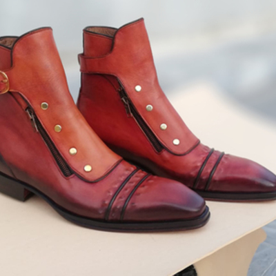 Handmade men brown leather buckle strap with side zipper and button ankle high boot - Thumbnail 5