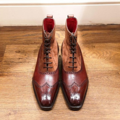 Tan hatchgrain with brown suede leather ankle lace up boot