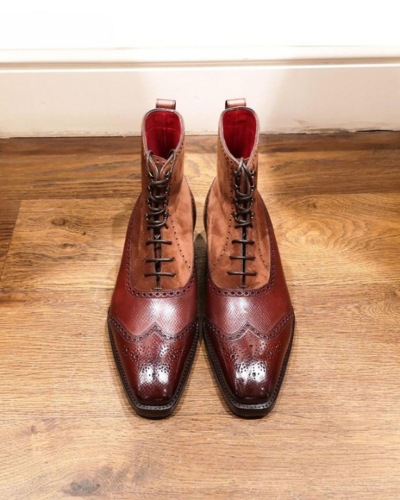 Tan Hatchgrain With Brown Suede Leather Ankle Lace up Boot