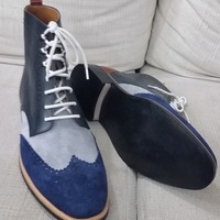 Unique and Classic Tri Tone Color Gray and Blue Suede Leather Wingtip Ankle High Lace up Boot - Thumbnail 1