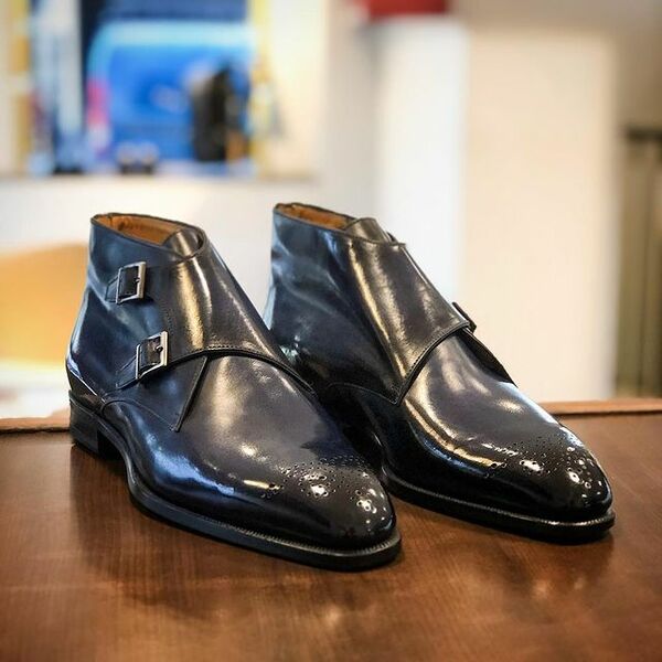 Night Blue Patina Double Monk Strap Ankle High Boots, fleeting toe