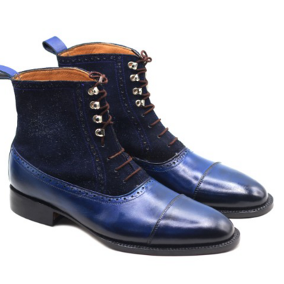 Handcrafted classic blue leather and suede ankle high lace up men boot - Thumbnail 3