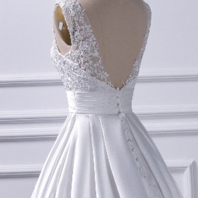 Low back wedding dresses,chapel train bridal gowns, satin bridal dresses - Thumbnail 1