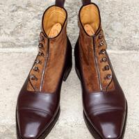 Two Tone Brown Leather and Suede Button Ankle High Men Dress Boot - Thumbnail 1