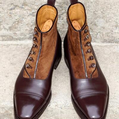 Two tone brown leather and suede button ankle high men dress boot - Thumbnail 2