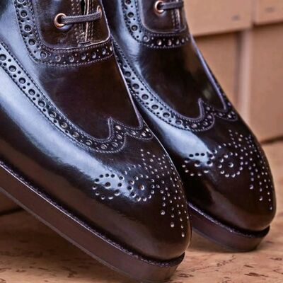 Full brogue oxford ankle high lace up wingtip boots in dark brown cordovan - Thumbnail 2