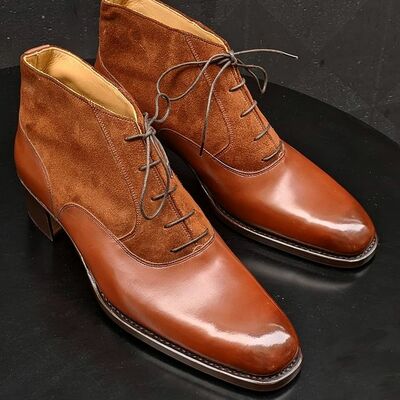 Men dark cognac and brown suede leather dress chukka boot - Thumbnail 1