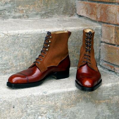 Handmade Ankle High Museum Gold and Red Brown Suede Leather Ankle High Lace up Boot