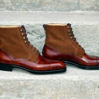 Handmade Ankle High Museum Gold and Red Brown Suede Leather Ankle High Lace up Boot - Thumbnail 1