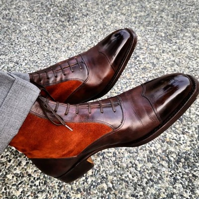 Handmade burgundy suede leather ankle high lace up dress boot - Thumbnail 3