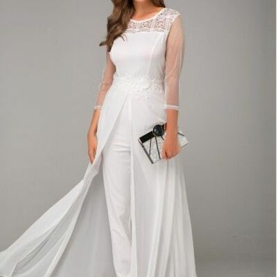 Simple lace wedding jumpsuit with detachable shawl bridal gown