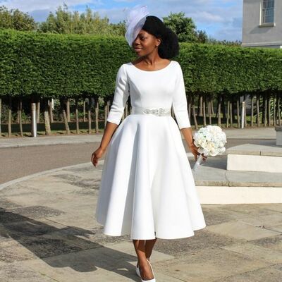 Simple tea-length boho beach wedding dress bridal gown