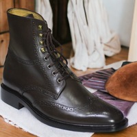 Handmade Dark Brown Ankle High Lace Up Wing Tip Leather  Boot, Fashion Boot - Thumbnail 2