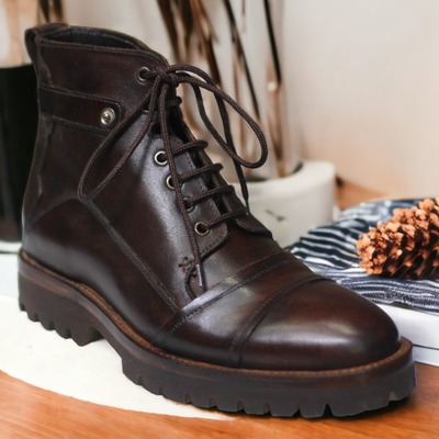  handmade men's rubber sole brown lace up ankle high cap toe boot, fashion boot - Thumbnail 2