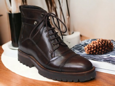  Handmade Men's Rubber Sole Brown Lace Up Ankle High Cap Toe Boot, Fashion Boot