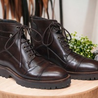  Handmade Men's Rubber Sole Brown Lace Up Ankle High Cap Toe Boot, Fashion Boot - Thumbnail 2