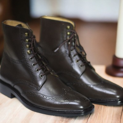   ankle high men's dark brown leather wing tip lace up boot, fashion boot - Thumbnail 2