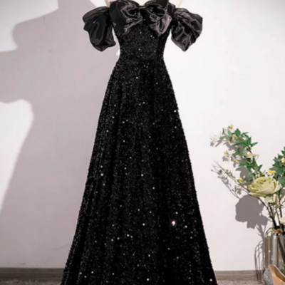 Black off shoulder velvet sequin long prom dress, black long evening dress kpp1598