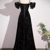 Black Off Shoulder Velvet Sequin Long Prom Dress, Black Long Evening Dress KPP1598 - Thumbnail 2