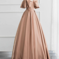 Champagne A Line Off Shoulder Satin Long Prom Dress, Champagne Formal Dress KPP1599 - Thumbnail 1